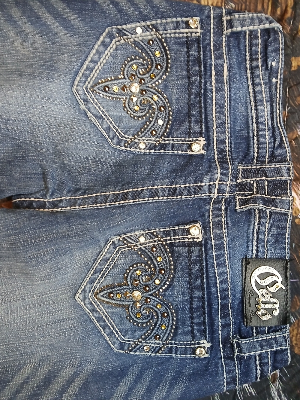 Cato Jeans Womens 7 Bootcut Bling Flap Pocket Rhinestone Stretch Low Rise 29x32